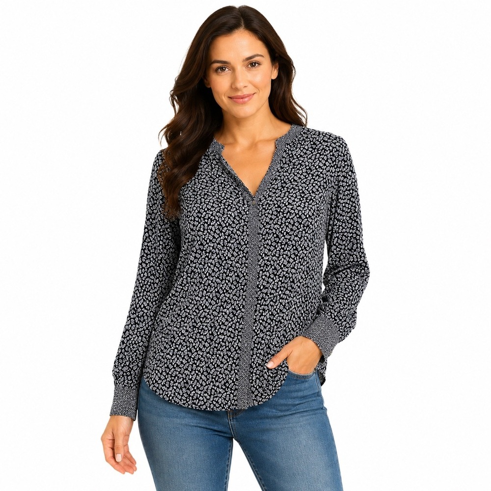 LOFT Womens Navy White Floral Long Sleeve Split Neck Blouse Top Size L